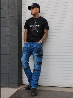 NWOT Ragstar 1602 Moto Cargo Jeans Sz 38 Multi-Zip Biker Distressed Denim Pants